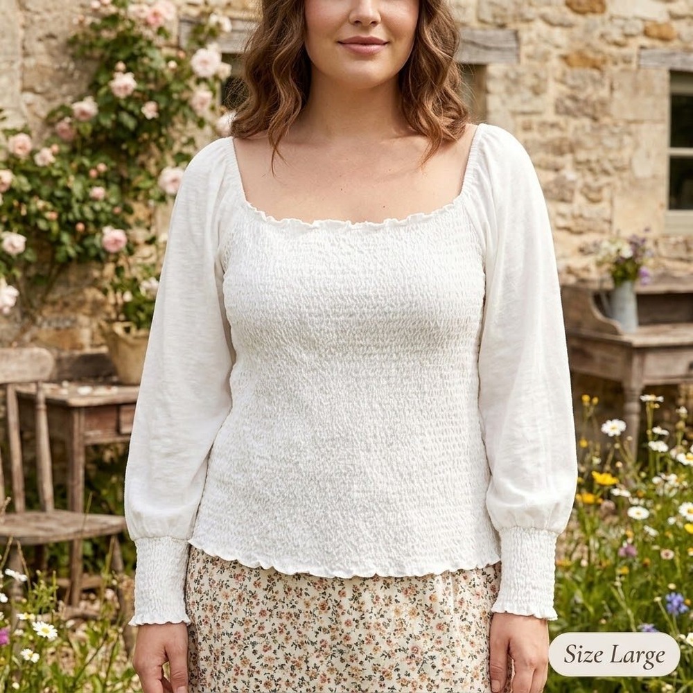 Smocked Peasant Blouse Womens Large White Cotton Boho Cottage Farmhouse Milkmaid